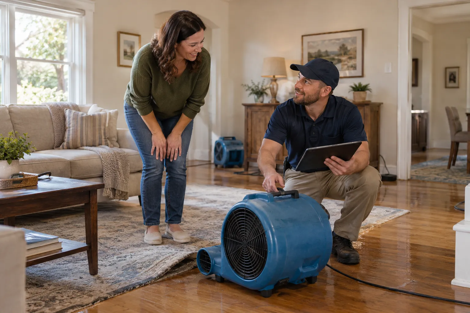 Water damage restoration technician drying a flooded living room in Madison
